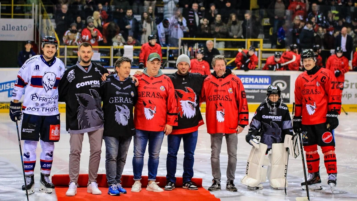 Umrahmt von den Kapitänen Tom Geischeimer (Hamm) und Nicklas Mannes (Duisburg) waren die Legendenspieler Eddy Renkewitz, Frank Pribil, Marcel Jaskulski, Markus Schmidt und Ron Noack gekommen, um dem EVD zum 2000. Spiel zu gratulieren.